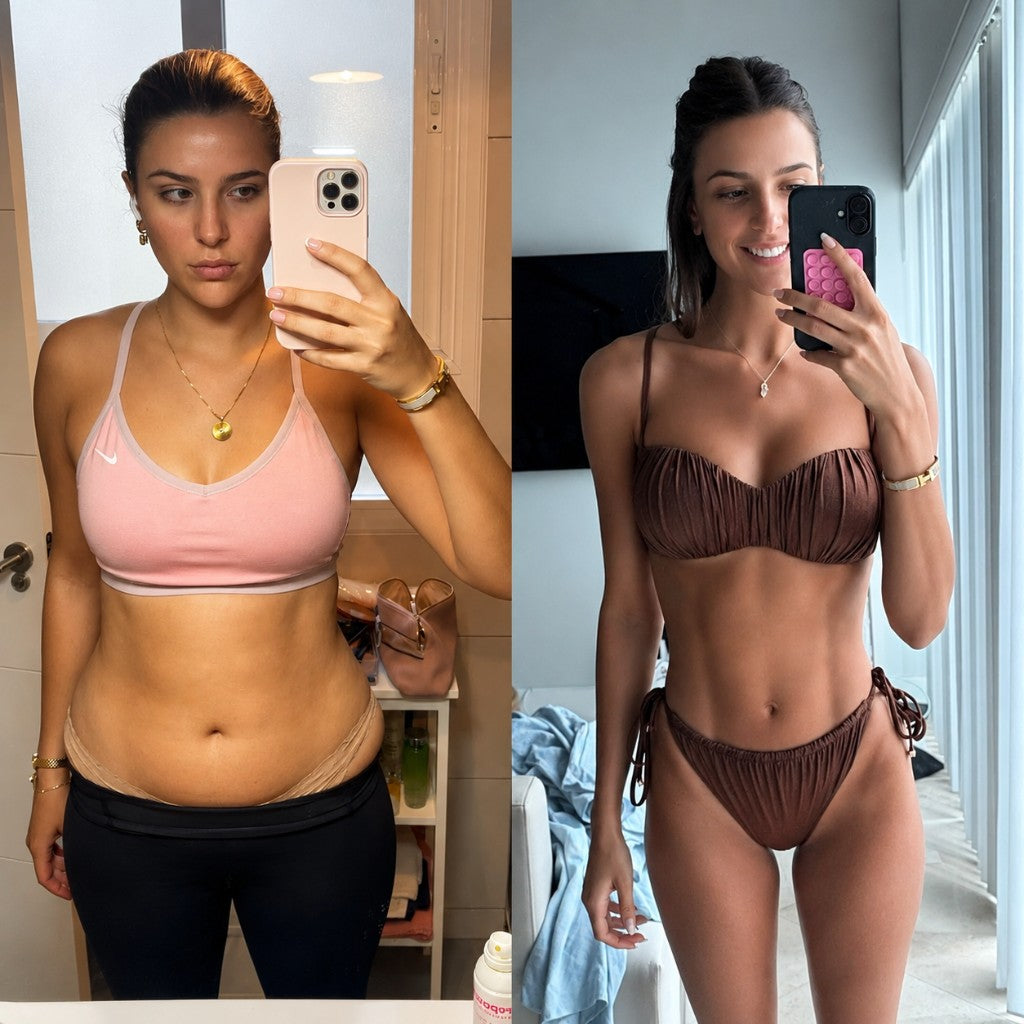 Two side-by-side mirror selfies of PLZ Health founder Lidia Ferrer Sciacovelli, showing her personal journey from struggling with her relationship with food to confidence and wellbeing.